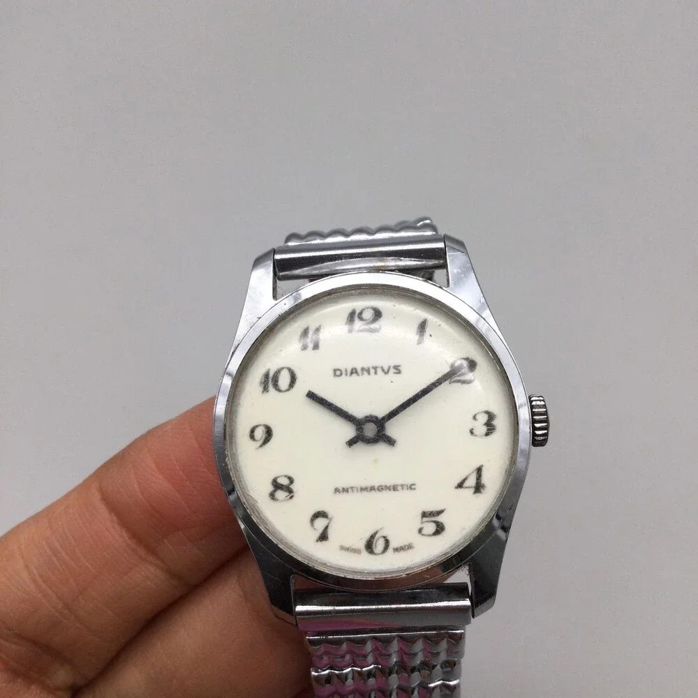 Vintage Diantus Mens Watch Cream Dial Stainless Expansion Swiss Manual Wind